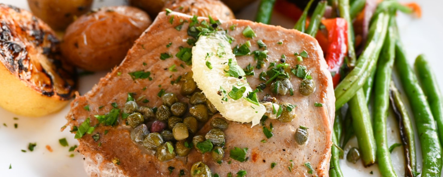 Seared ahi with capers, roasted potatoes and green beans